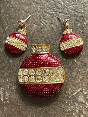 Vintage Eisenberg Ice Christmas Ornament Brooch Earrings Set Red Enamel Pin